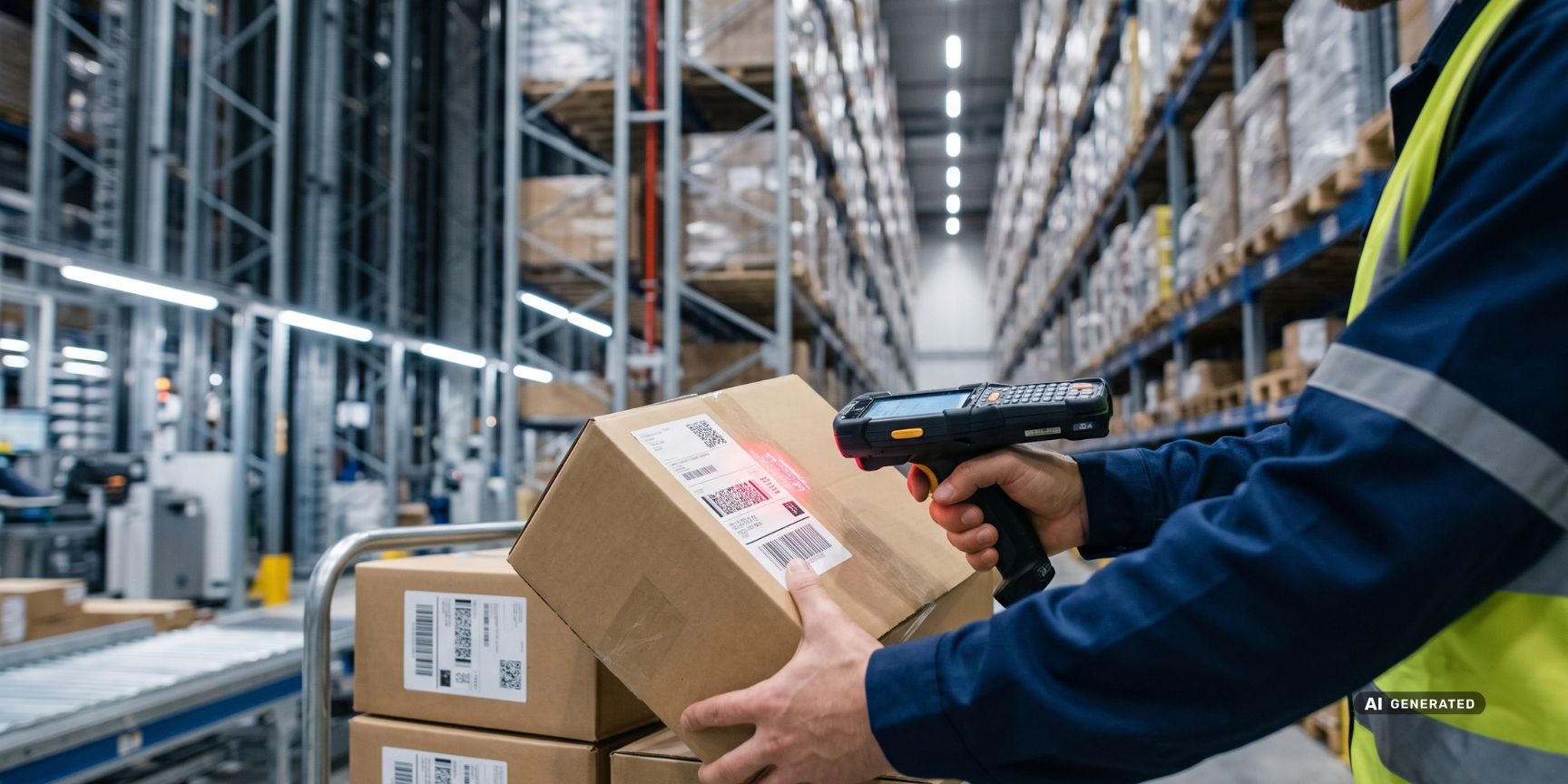 Nahaufnahme: Logistikmitarbeiter scannt einen Artikel in einer deutschen Logistikimmobilie. Symbolisiert digitale SKU-Erfassung im Hochregallager